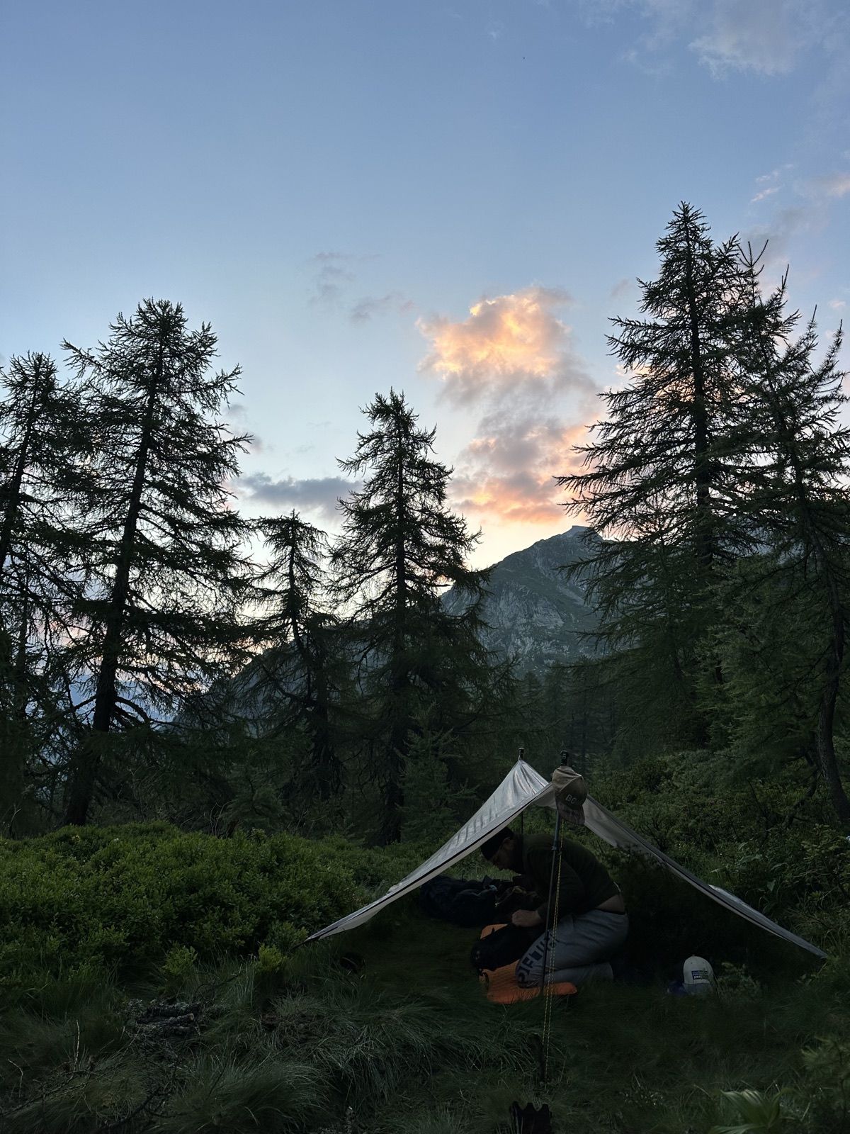 Tarp-Camp in der Abenddämmerung zwischen Bergwäldern