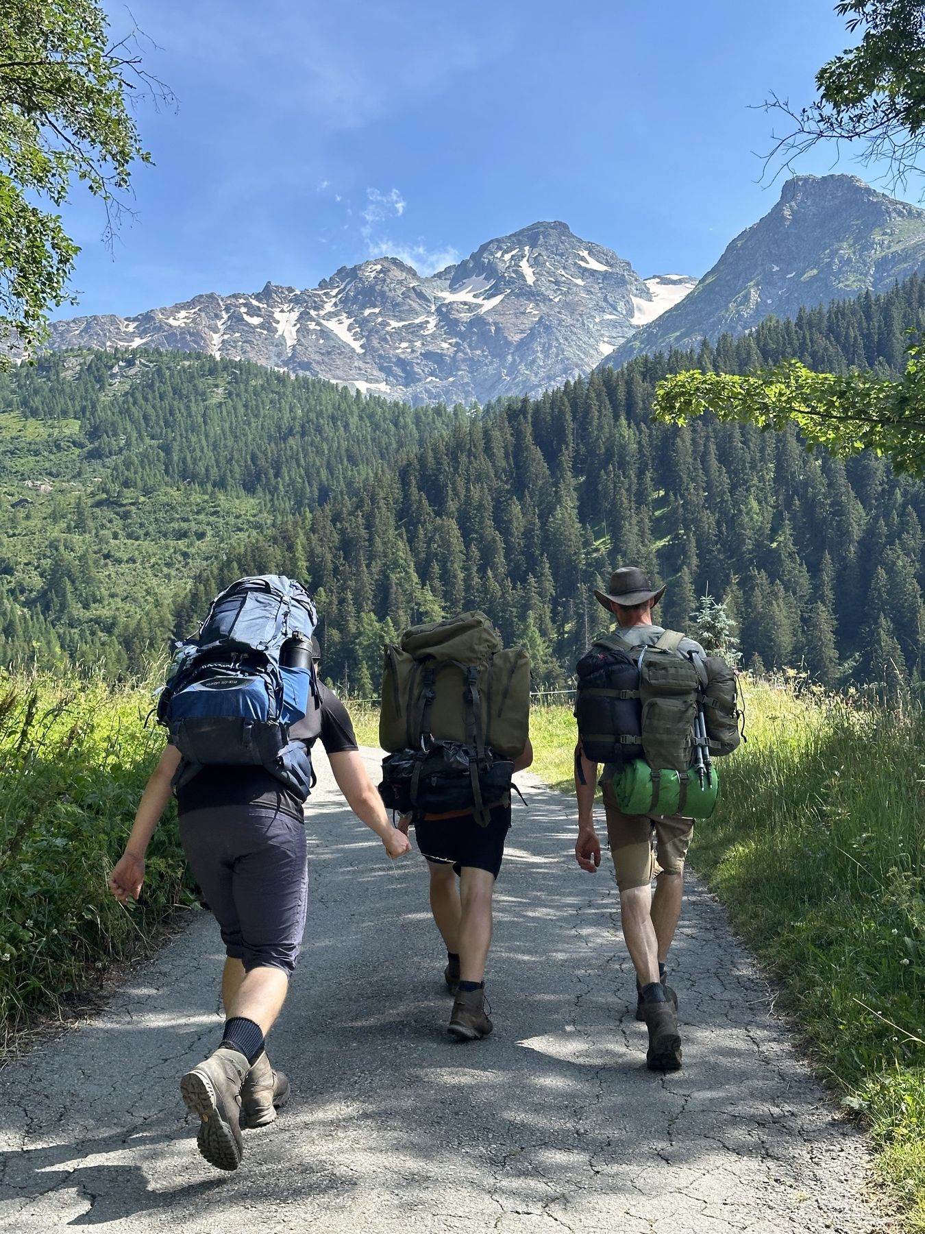 Drei Wanderer mit Rucksäcken unterwegs Richtung Berge