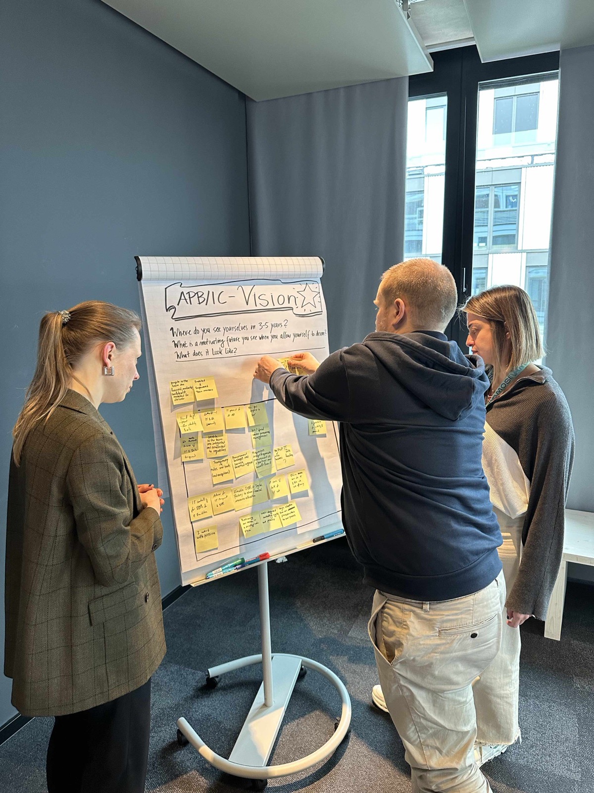 Workshop: Team arbeitet gemeinsam an einer Vision-Canvas